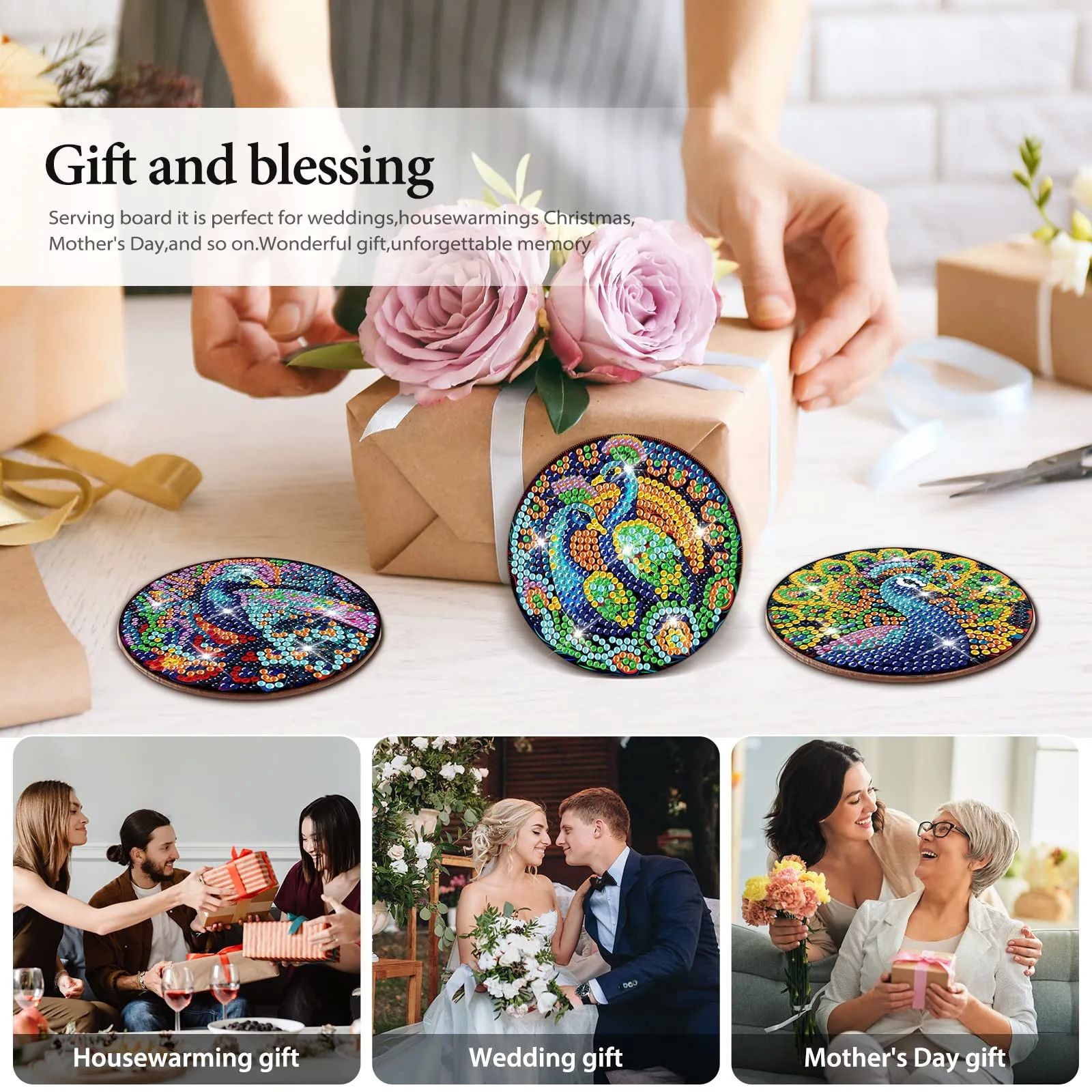 8pcs DIY Diamond Painting Coasters Peacock Diamond Art Coast - 图2