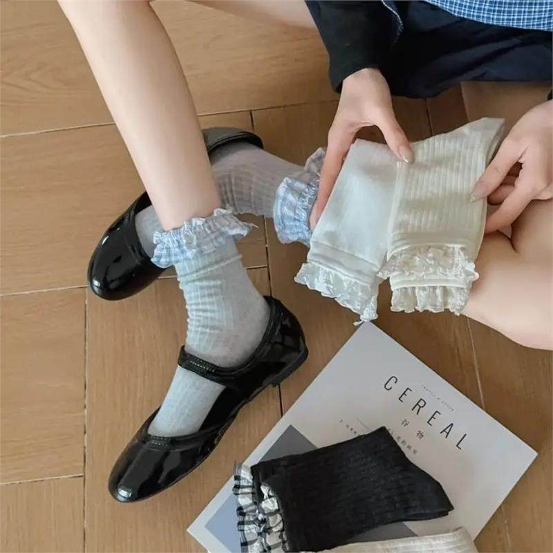 2双装 春夏miu风花边巴恩复古格雷系中筒袜纯欲风轻熟女穿搭耐看 - 图1