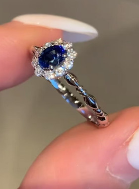 戒指女轻奢群镶925纯银电镀白金培育钻石蓝宝刻字赠礼物结婚订婚