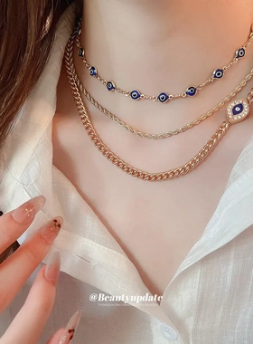 镶钻滴油眼睛吊坠时尚项链三件套法式宫廷风锁骨链轻奢高级感颈链