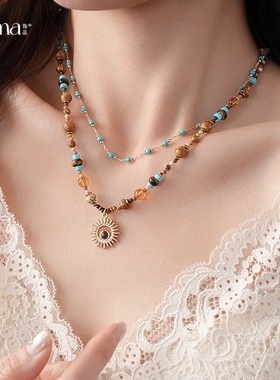 14K真金电镀松石串珠太阳花吊坠项链小众民族风锁骨链高级感项饰
