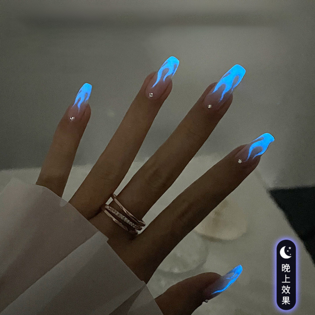 手工定制穿戴甲网红新款圣诞夜光火焰梯形显白婚甲假指甲成品美甲 - 图1