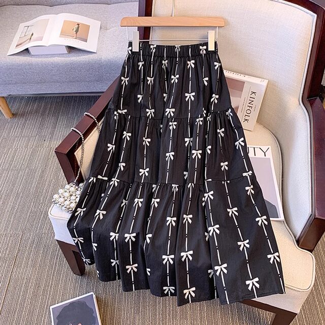 Bow print skirt for women in summer, retro, sweet, big swing, A-line skirt, elastic waist, slim mid-length skirt