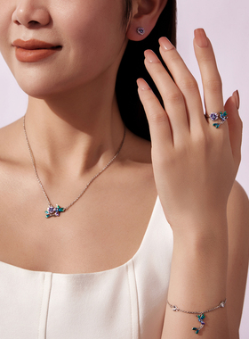 原创通体s925纯银蓝色渐变花鸟手链戒指套装森系灵动小鸟项链耳钉