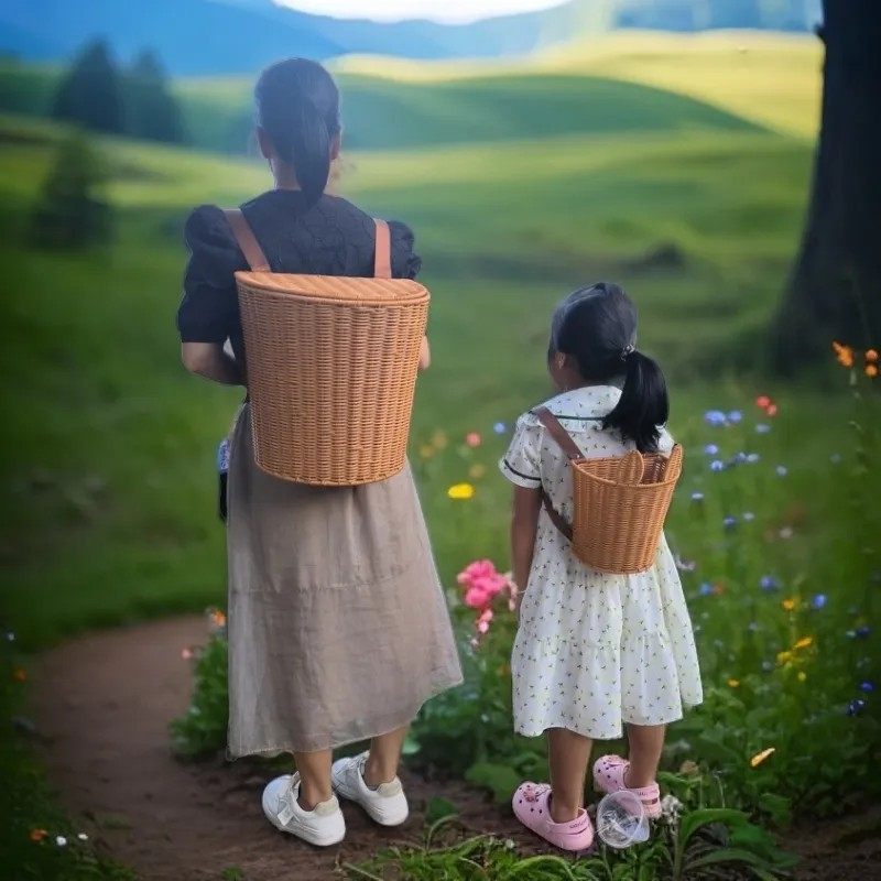 儿童双肩舞蹈道具背箩筐小号仿藤手工编织采摘茶叶圆形特大号买菜,淘宝优惠券,粉丝福利购,淘宝优惠卷