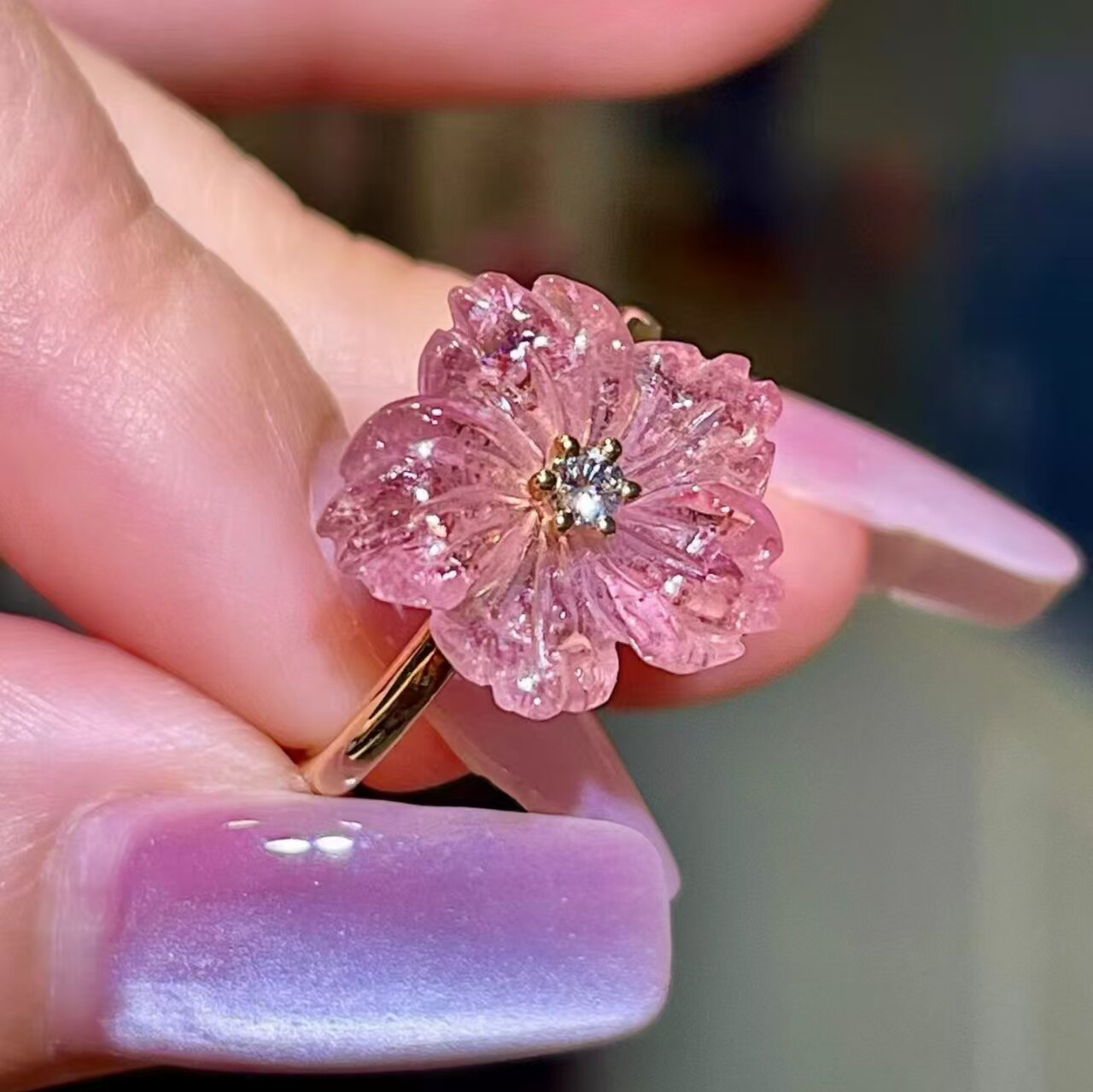 18K gold inlaid hand-carved natural tourmaline flower ring, size 14.5*13.5mm, super beautiful to use