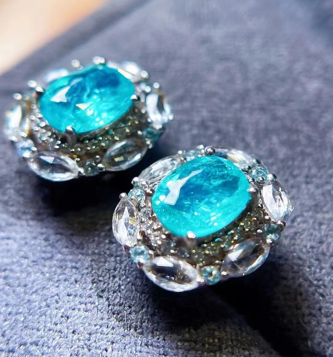 18k金钻石镶嵌 玻璃晶体霓虹火彩帕拉伊巴耳环 主石1.5克拉