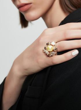 Desigual复古新款珍珠贝母花朵戒指个性时尚夸张食指创意配饰品潮