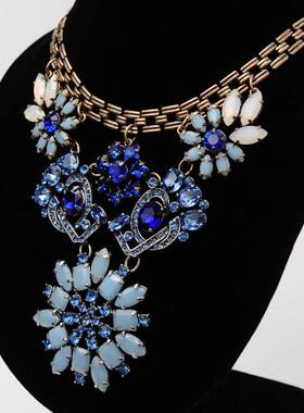 Desigual轻奢Vintage复古古董首饰蓝色宝石水钻黄铜底晚宴项链女