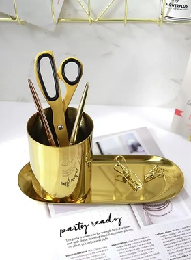 拉丝黄铜色不锈钢笔筒小花盆摆件