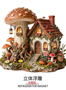 森林蘑菇童话小屋树脂立体浮雕冰箱贴双11特惠治愈系创意装饰磁吸