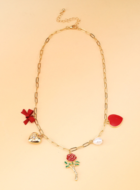 镶钻爱心珍珠蝴蝶结玫瑰花项链