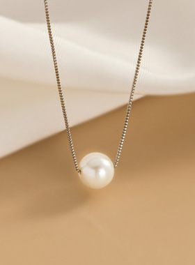 S925镀银小众轻奢贝珠项链女夏单颗合成珍珠锁骨链2023年新款
