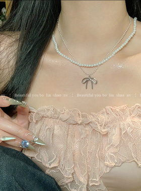 柏林少女双层叠戴珍珠蝴蝶结项链