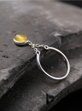 S925纯银镶嵌自然黄玉髓玛瑙戒指女简约时尚个性情侣开口水滴指环