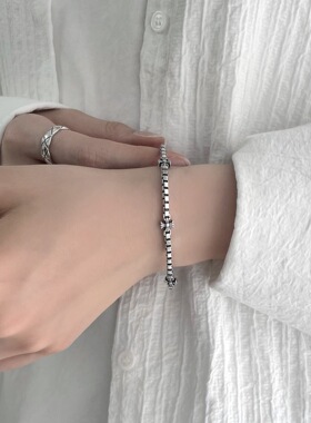 S925纯银十字花拼接粗盒子项链手链女重工潮流高级感时尚银链配饰