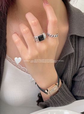 s925纯银戒指时尚韩版天然黑玛瑙坦克链开口调节女戒指潮流配饰