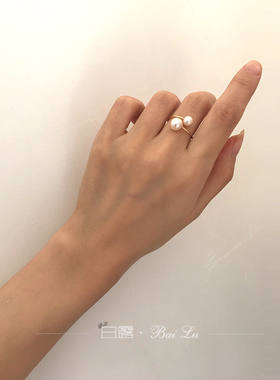 白露 天然淡水珍珠开口可调节珍珠戒指双珠指环不掉色14K包金