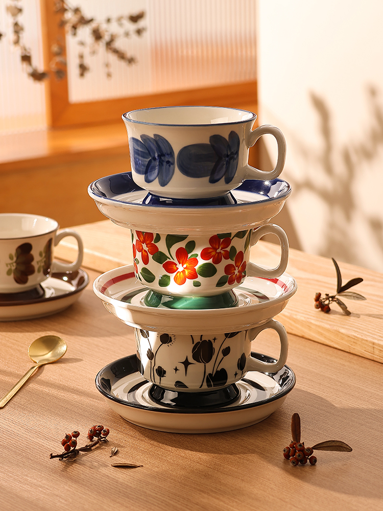 新疆包邮复古咖啡杯子高端精致陶瓷杯碟套装设计感小众法式中古杯