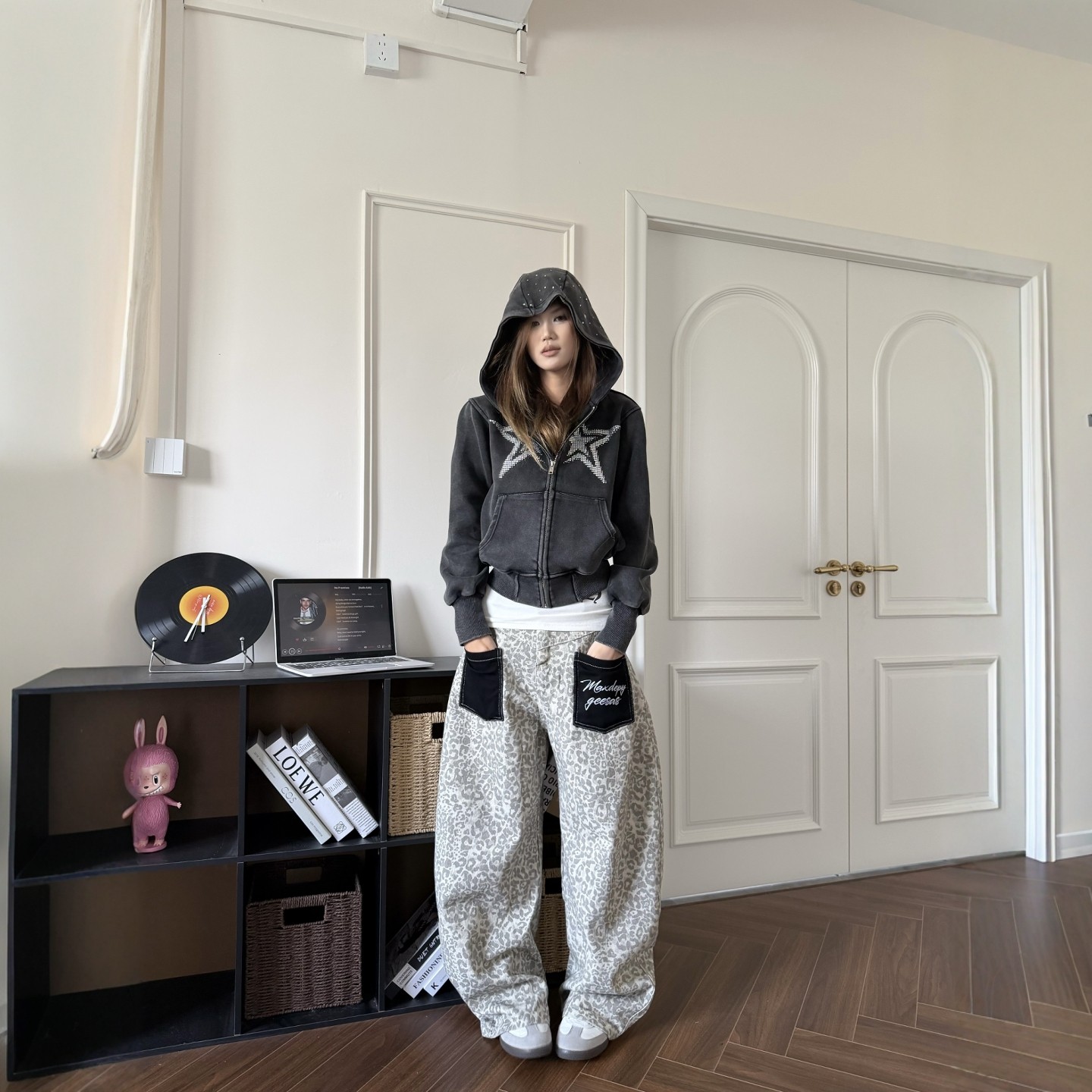 DHSS美式复古豹纹贴布口袋牛仔裤男女宽松街头阔腿弯刀休闲长裤,淘宝优惠券,粉丝福利购,淘宝优惠卷