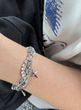 ALEXII锆石金属钛钢叠搭手链23fw十字星星高级感银色手饰vibe风潮