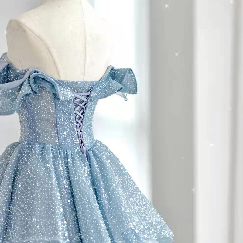 蓝色一字肩女2023新款高级感婚纱 碧颜礼服/晚装