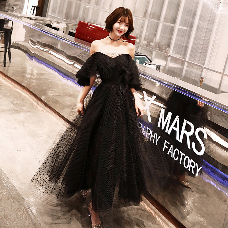 黑色女一字肩轻奢小众高端法式婚纱 碧颜礼服/晚装