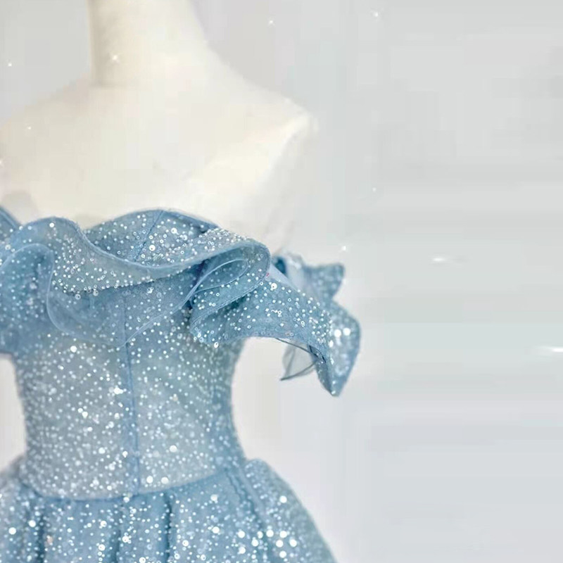 蓝色一字肩女2023新款高级感婚纱 碧颜礼服/晚装