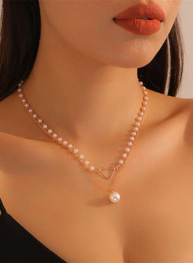 跨境欧美时尚珍珠项链长款女胸链波西米亚性感金属项链饰品配饰