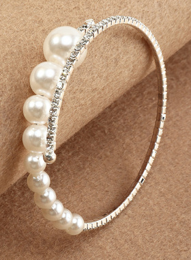 跨境欧美女士手饰 气质时尚珍珠手镯流行满钻镶钻弹力手链女首饰