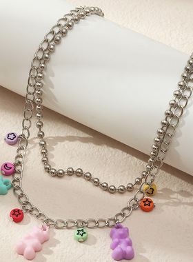 跨境新款饰品 日韩系网红可爱多彩小熊项链DIY个性圆珠锁骨链饰品