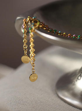 彩虹幸运币 圆形滴油彩色粗款链条手链时尚女款 钛钢镀金色