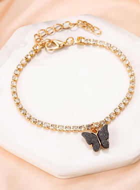 跨境欧美饰品 ins潮流行爪链闪亮手环脚饰满钻蝴蝶手链