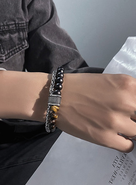 磨砂地图石双层钛钢转运手链男