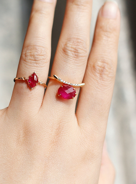 日系七月诞生石刚玉红宝石草莓晶天然石榴石aget*925银镀金戒指