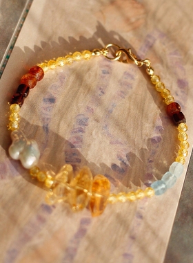 ETunique原创石榴石黄水晶海蓝宝发财富财神14k包金新年男女手链