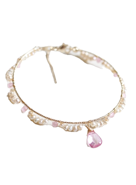 心形水滴粉色托帕石石蕾丝花边14K包金天然淡水珍珠编织手链手镯