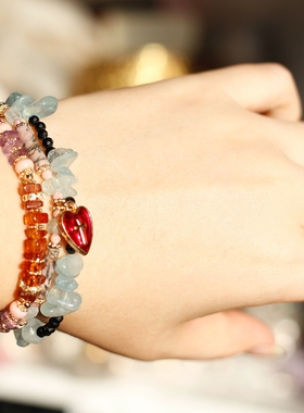 原创设计红线玛瑙石海蓝宝14k包金旺桃花爱情十字架新年红手链