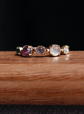 灭霸日系AGET*同款蓝光月光石紫水晶925纯银厚镀金戒指