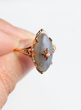 梦幻夜空日系轻奢AGET*同款星芒蓝光月光石925纯银厚镀金戒指女