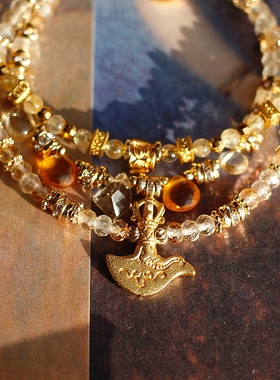 ETunique新中式原创黄水晶金发晶11月诞生石14k包金招财男女手链