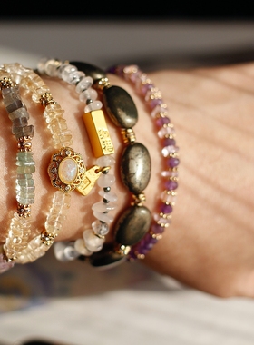 天然黄铁矿扁珠美国14k注金设计感街头原创男女中性风格嘻哈手链