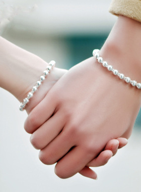 925纯银光面小圆珠佛珠气质手链男女同款转运珠手镯简约情侣礼物