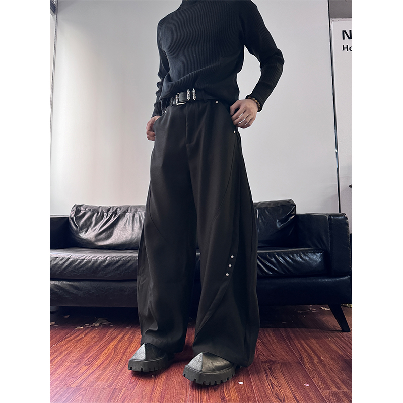 NECOYEP 2025春季美式复古解构弯刀西裤男女宽松高级感阔腿潮长裤 - 图0
