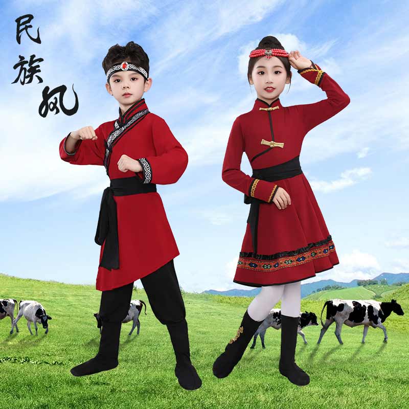 蒙古服儿童蒙族服装女白马舞蹈演出服男女童少数民族蒙古族演出服 - 图2