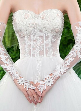 新娘手套婚纱手纱长款白色结婚礼服手袖蕾丝韩式秋冬季缎面红色仙