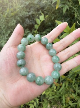 天然缅甸翡翠手串，男士糯冰种飘花，绿花，玉石，卡13+