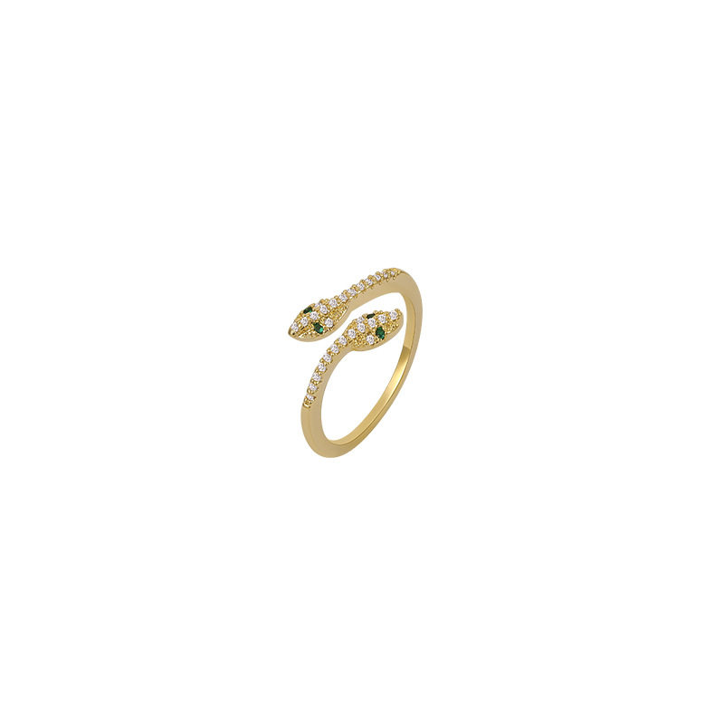 Korean style double-headed snake-shaped open ring with diamonds