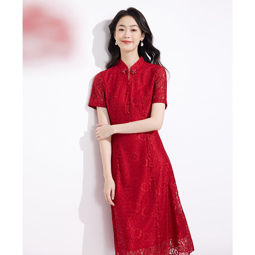 黛玛诗春夏新款新中式连衣裙时尚蕾丝旗袍裙女红色礼服裙优雅 - 图2