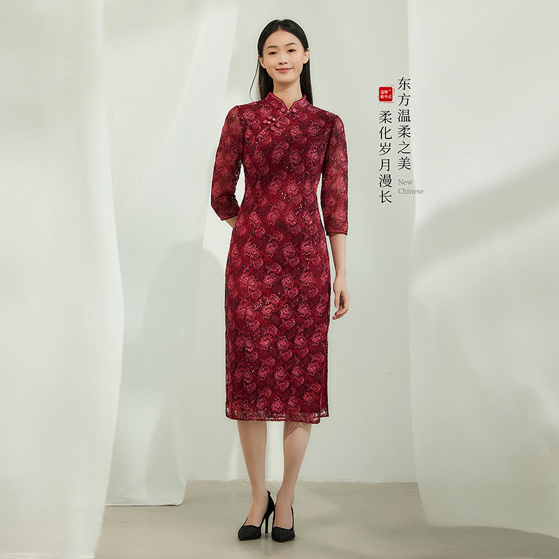 黛玛诗红色国风旗袍婚宴礼服2026春新款正式场合蕾丝连衣裙女优雅,淘宝优惠券,粉丝福利购,淘宝优惠卷